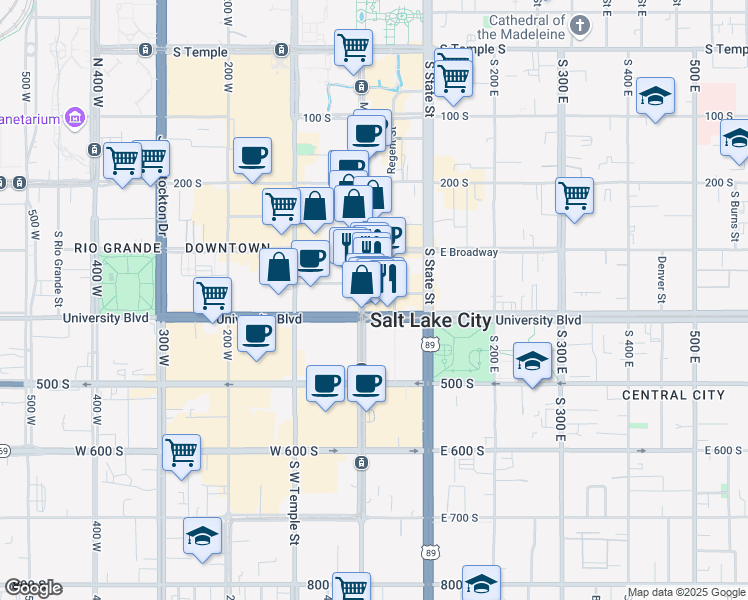 map of restaurants, bars, coffee shops, grocery stores, and more near in Salt Lake City