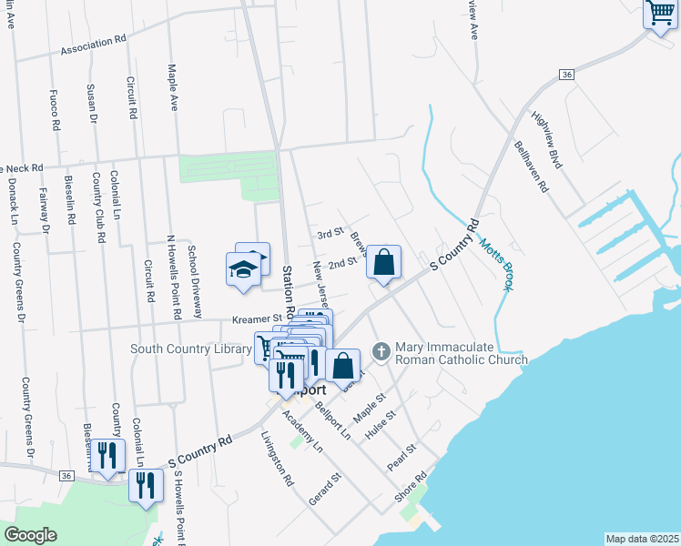 map of restaurants, bars, coffee shops, grocery stores, and more near 16 2nd Street in Bellport