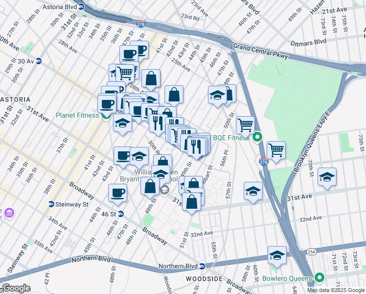 map of restaurants, bars, coffee shops, grocery stores, and more near 47-15 30th Avenue in Queens