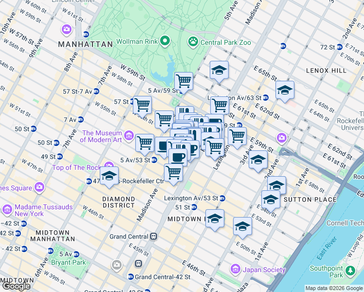 map of restaurants, bars, coffee shops, grocery stores, and more near 2 East 55th Street in New York