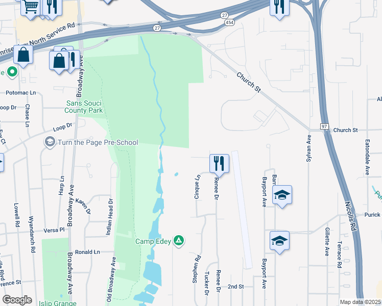 map of restaurants, bars, coffee shops, grocery stores, and more near 121 Barton Lane in Bayport