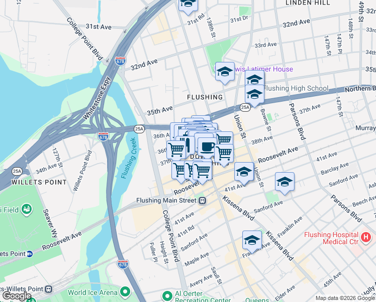 map of restaurants, bars, coffee shops, grocery stores, and more near in Queens