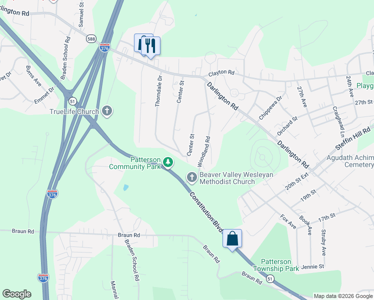 map of restaurants, bars, coffee shops, grocery stores, and more near 221 Center Street in Beaver Falls