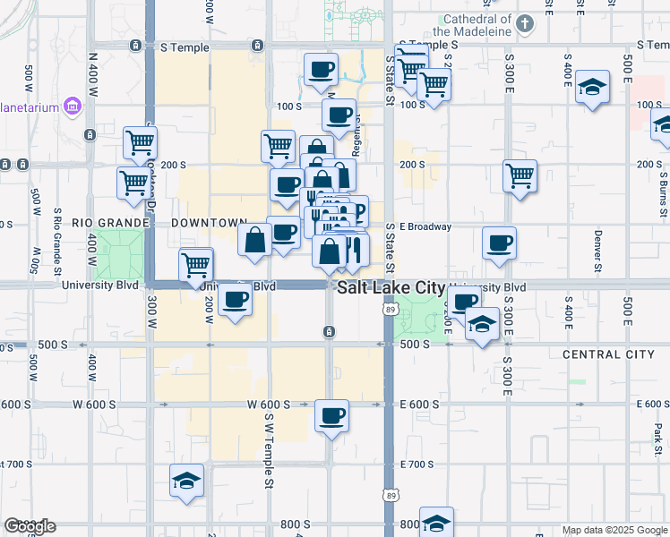 map of restaurants, bars, coffee shops, grocery stores, and more near 10 Exchange Place in Salt Lake City