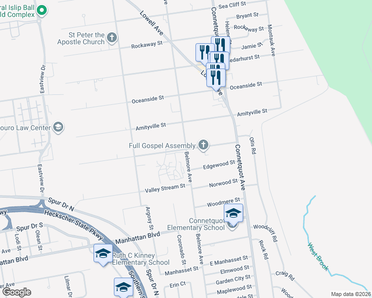 map of restaurants, bars, coffee shops, grocery stores, and more near Belmore Avenue & Floral Park Street in Islip Terrace