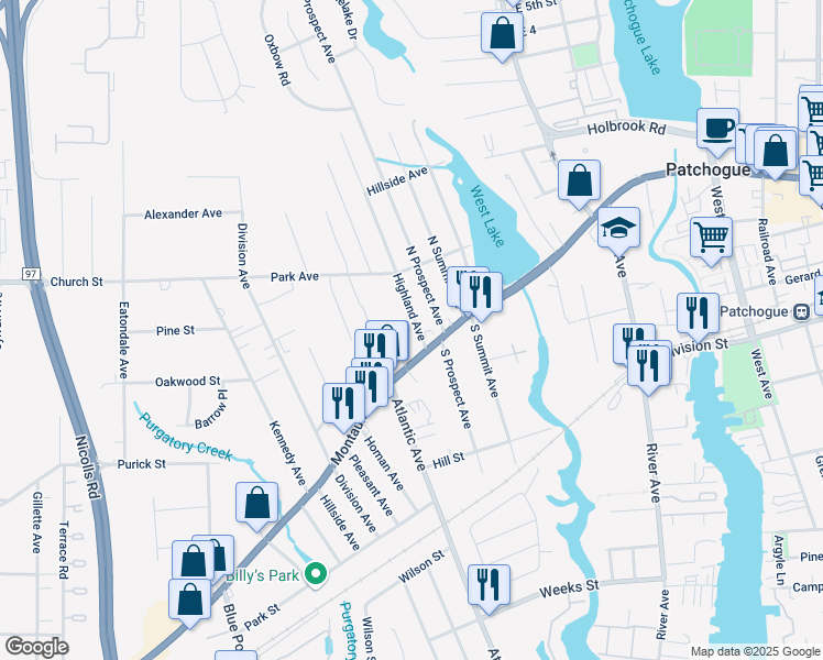 map of restaurants, bars, coffee shops, grocery stores, and more near 471 West Main Street in Patchogue