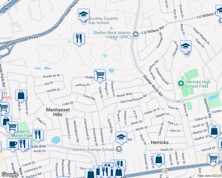 map of restaurants, bars, coffee shops, grocery stores, and more near 26 Kings Lane in New Hyde Park