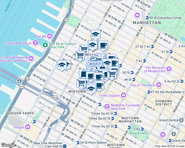 map of restaurants, bars, coffee shops, grocery stores, and more near 665 9th Avenue in New York