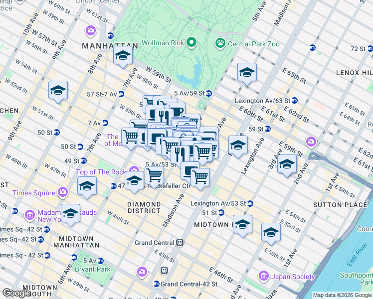 map of restaurants, bars, coffee shops, grocery stores, and more near in New York