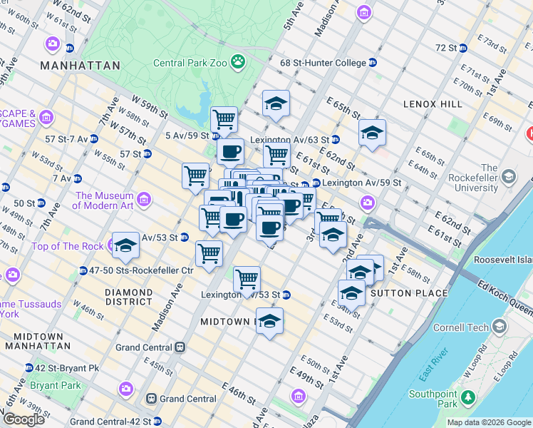 map of restaurants, bars, coffee shops, grocery stores, and more near in New York