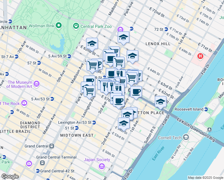map of restaurants, bars, coffee shops, grocery stores, and more near 3rd Avenue in New York