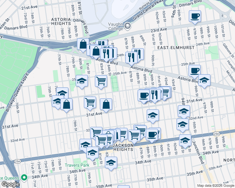 map of restaurants, bars, coffee shops, grocery stores, and more near 30-11 84th Street in Queens