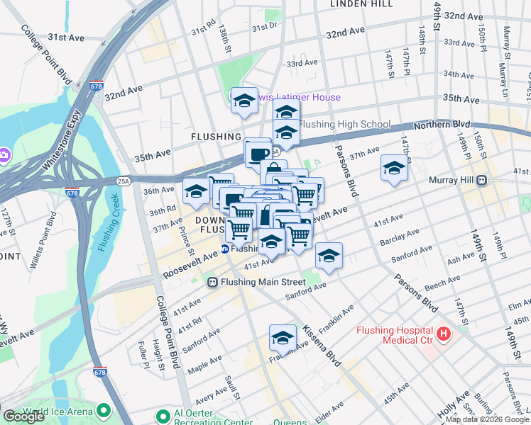 map of restaurants, bars, coffee shops, grocery stores, and more near 136-65 Roosevelt Avenue in Queens