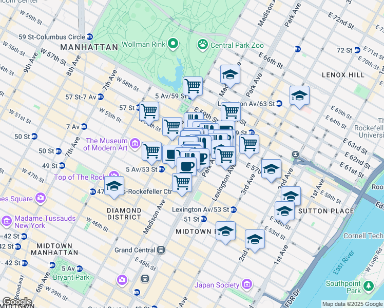 map of restaurants, bars, coffee shops, grocery stores, and more near 555 Madison Avenue in New York