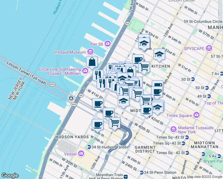 map of restaurants, bars, coffee shops, grocery stores, and more near 605 West 42nd Street in New York