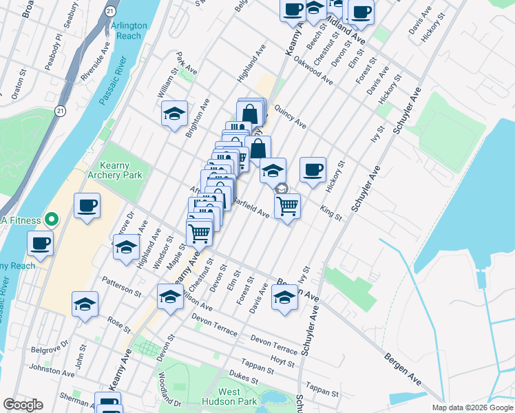map of restaurants, bars, coffee shops, grocery stores, and more near 44 Garfield Avenue in Kearny