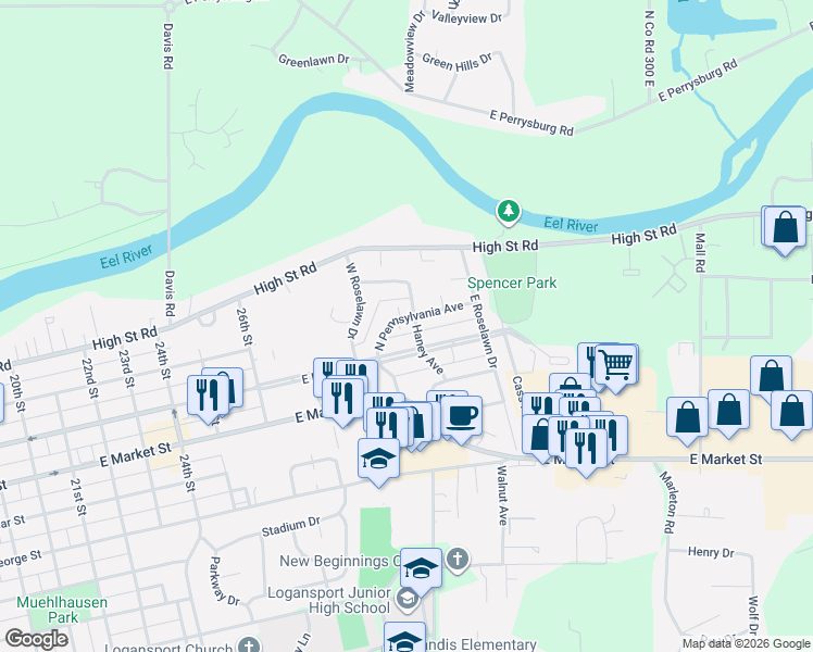 map of restaurants, bars, coffee shops, grocery stores, and more near 164-226 Haney Ave in Logansport