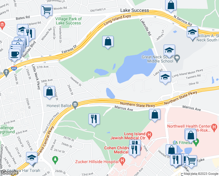map of restaurants, bars, coffee shops, grocery stores, and more near 22 Lake Road in Great Neck
