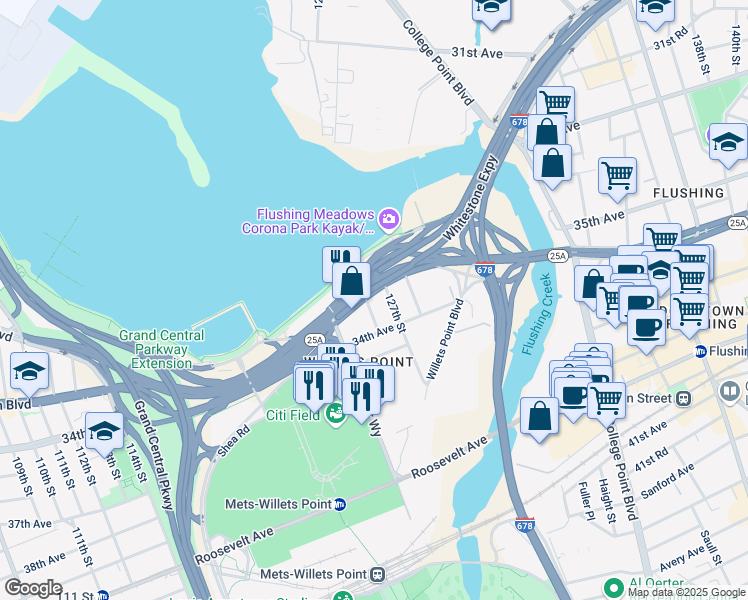 map of restaurants, bars, coffee shops, grocery stores, and more near 33-30 127th Street in Queens