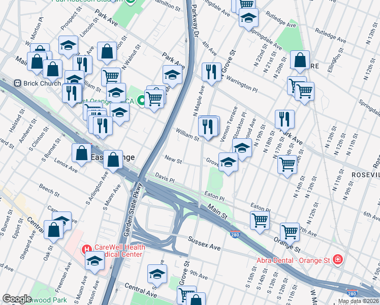 map of restaurants, bars, coffee shops, grocery stores, and more near 98 North Maple Avenue in East Orange