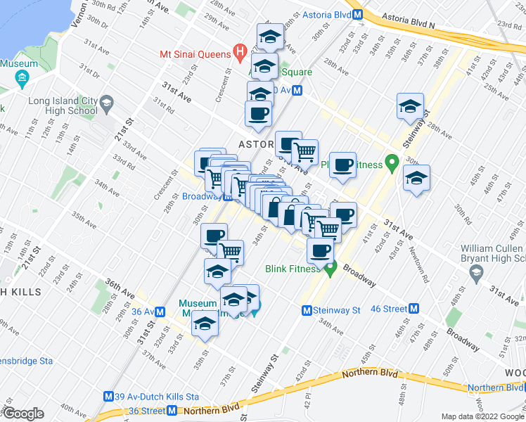 map of restaurants, bars, coffee shops, grocery stores, and more near 3305 Broadway in Queens