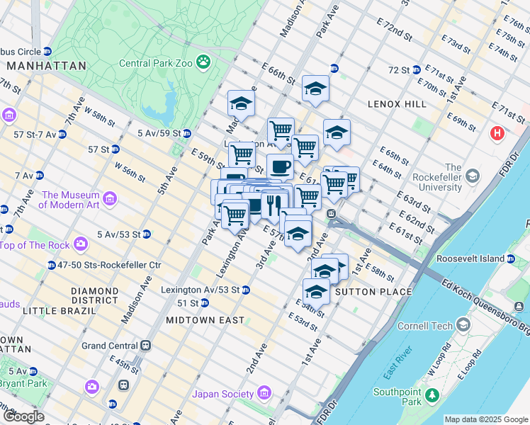 map of restaurants, bars, coffee shops, grocery stores, and more near 140 East 58th Street in New York