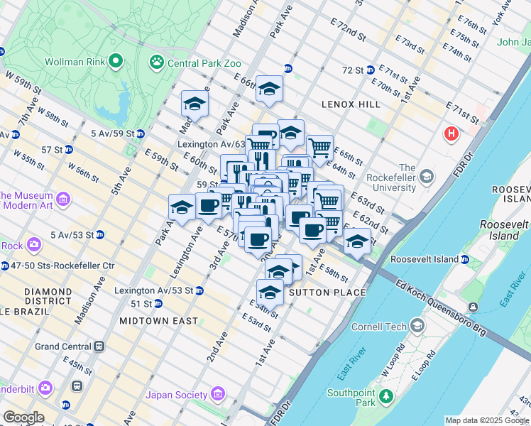 map of restaurants, bars, coffee shops, grocery stores, and more near 979 3rd Avenue in New York
