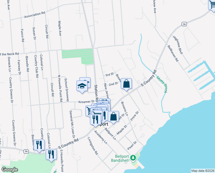 map of restaurants, bars, coffee shops, grocery stores, and more near 16 2nd Street in Bellport