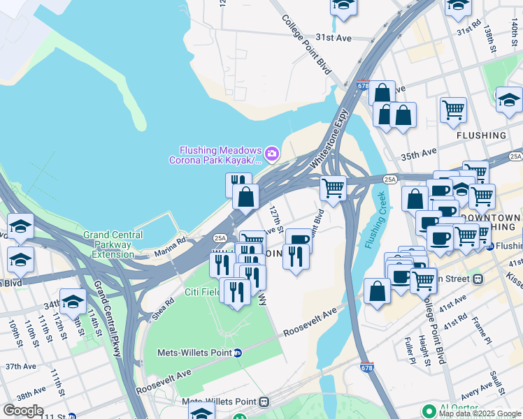 map of restaurants, bars, coffee shops, grocery stores, and more near 33-30 127th Street in Queens