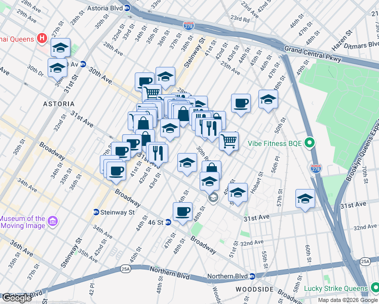 map of restaurants, bars, coffee shops, grocery stores, and more near 30-49 44th Street in Queens