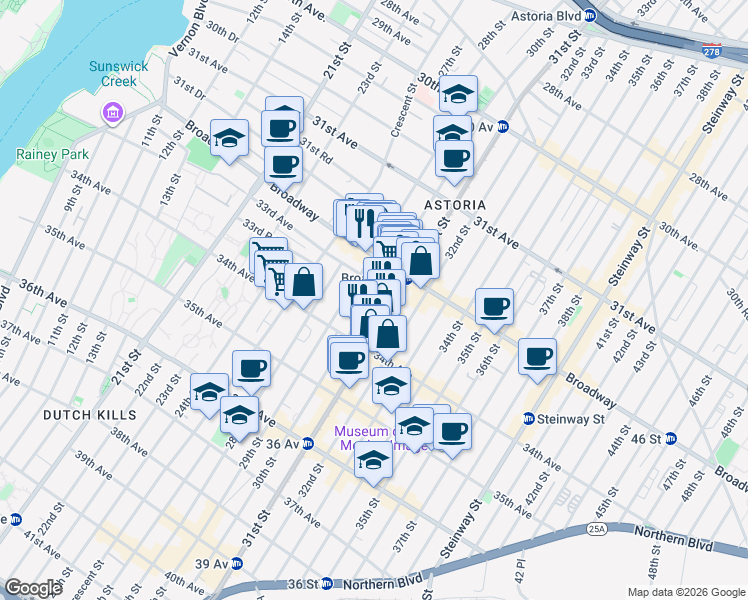 map of restaurants, bars, coffee shops, grocery stores, and more near 32-58 30th Street in Queens