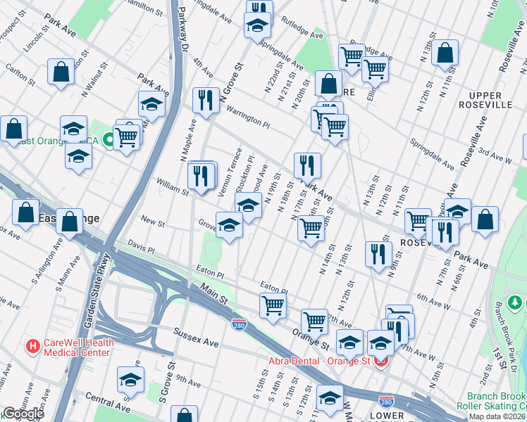 map of restaurants, bars, coffee shops, grocery stores, and more near 84 North 19th Street in East Orange