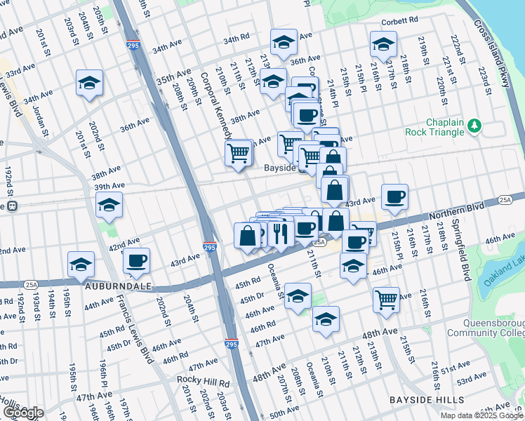 map of restaurants, bars, coffee shops, grocery stores, and more near 42-41 Corporal Kennedy Street in Queens
