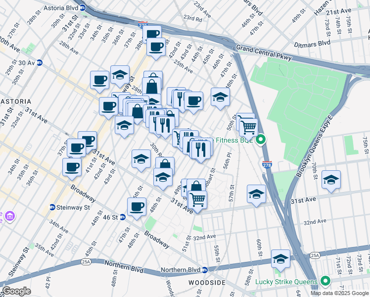 map of restaurants, bars, coffee shops, grocery stores, and more near in Queens