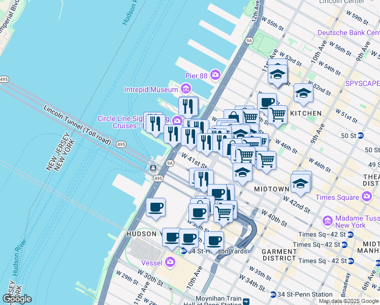 map of restaurants, bars, coffee shops, grocery stores, and more near 50 West 41st Street in New York