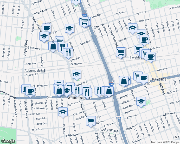 map of restaurants, bars, coffee shops, grocery stores, and more near 40-24 203rd Street in Queens