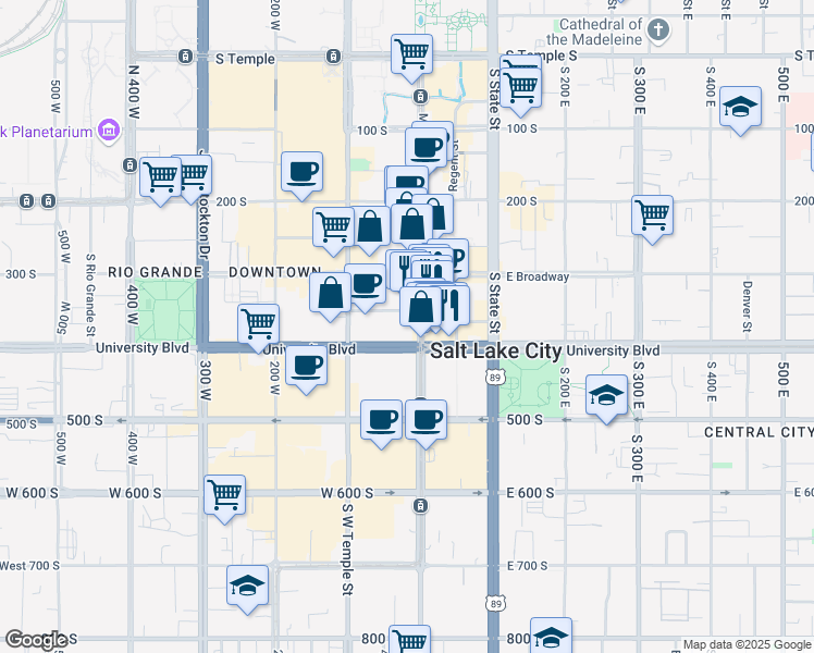 map of restaurants, bars, coffee shops, grocery stores, and more near 350 South Main Street in Salt Lake City