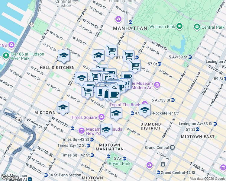 map of restaurants, bars, coffee shops, grocery stores, and more near 1630 Broadway in New York