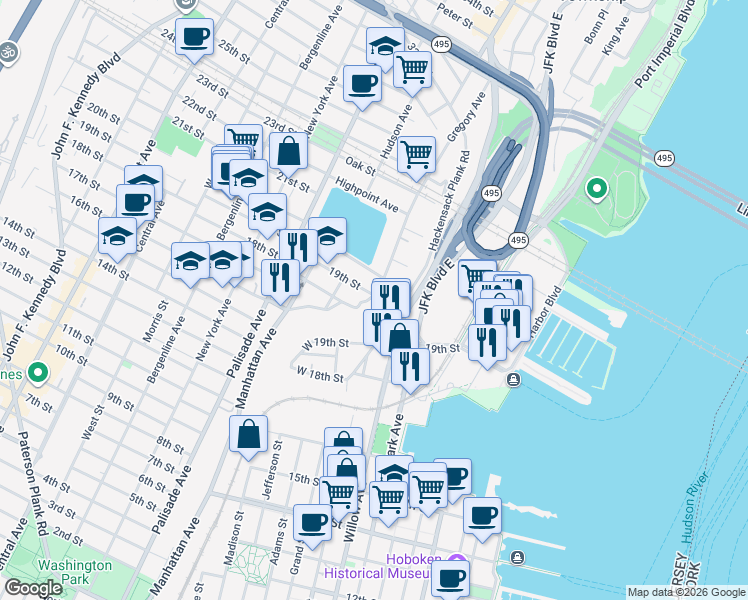 map of restaurants, bars, coffee shops, grocery stores, and more near 53 Hackensack Avenue in Weehawken