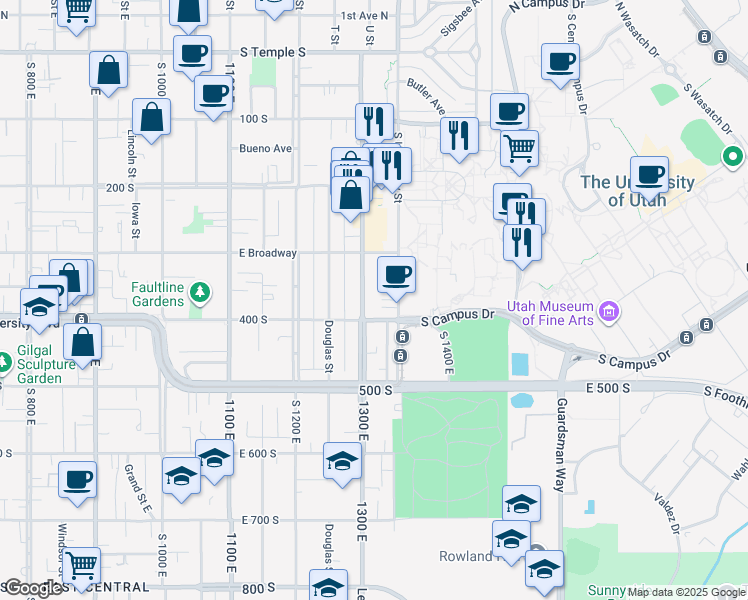 map of restaurants, bars, coffee shops, grocery stores, and more near 1309 East 400 South in Salt Lake City