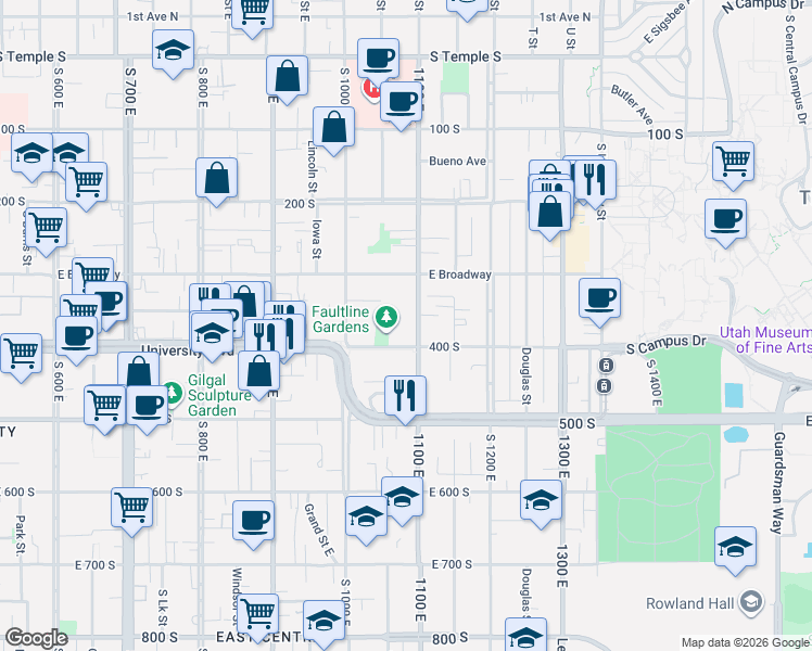 map of restaurants, bars, coffee shops, grocery stores, and more near 1103 East 400 South in Salt Lake City