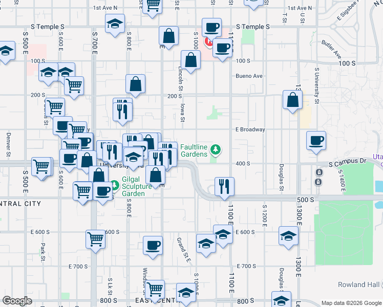 map of restaurants, bars, coffee shops, grocery stores, and more near 374 South 1000 East in Salt Lake City