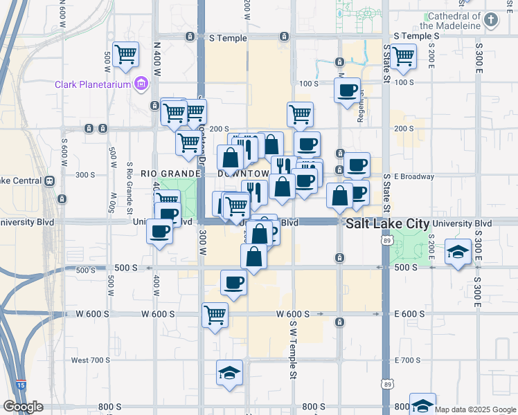 map of restaurants, bars, coffee shops, grocery stores, and more near 150 West 400 South in Salt Lake City