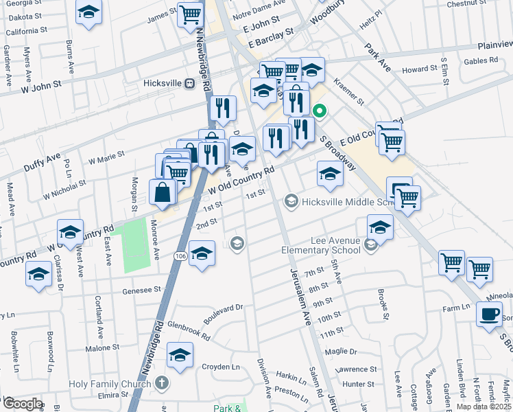 map of restaurants, bars, coffee shops, grocery stores, and more near 169 2nd Street in Hicksville