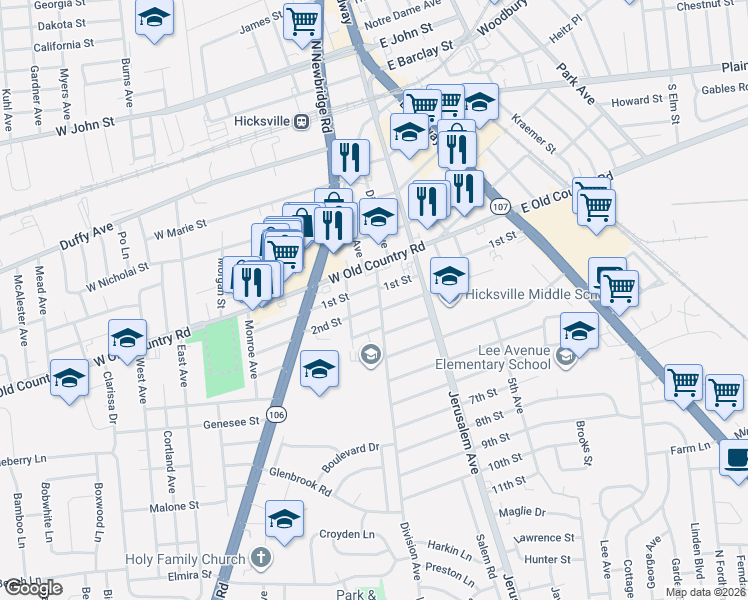 map of restaurants, bars, coffee shops, grocery stores, and more near 140 Division Avenue in Hicksville