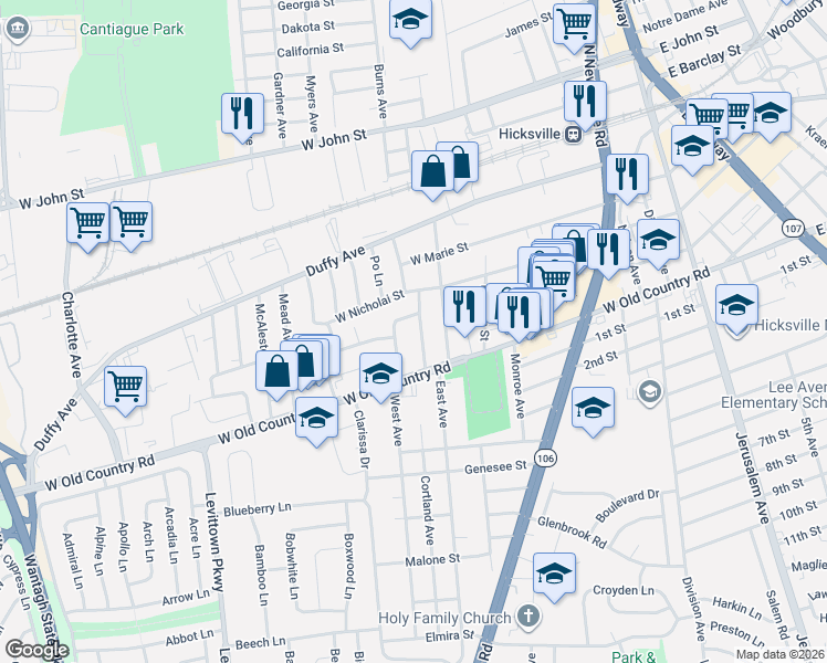 map of restaurants, bars, coffee shops, grocery stores, and more near 16 Cornwall Lane in Hicksville