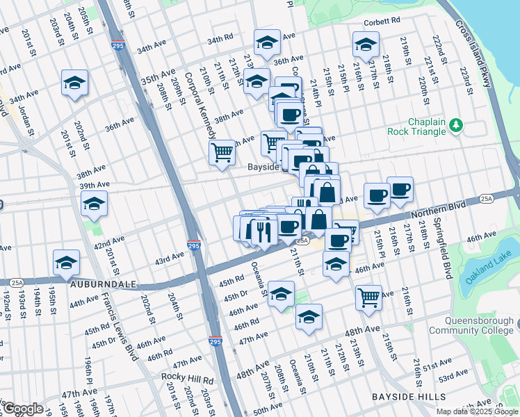 map of restaurants, bars, coffee shops, grocery stores, and more near 210-1 43rd Avenue in Queens