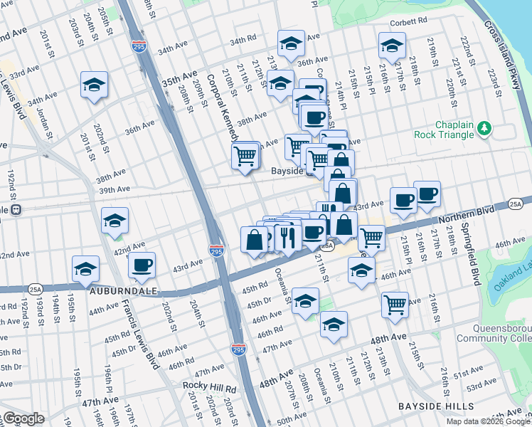 map of restaurants, bars, coffee shops, grocery stores, and more near 42-41 Corporal Kennedy Street in Queens