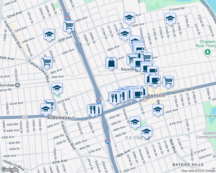 map of restaurants, bars, coffee shops, grocery stores, and more near 42-20 209th Street in Queens