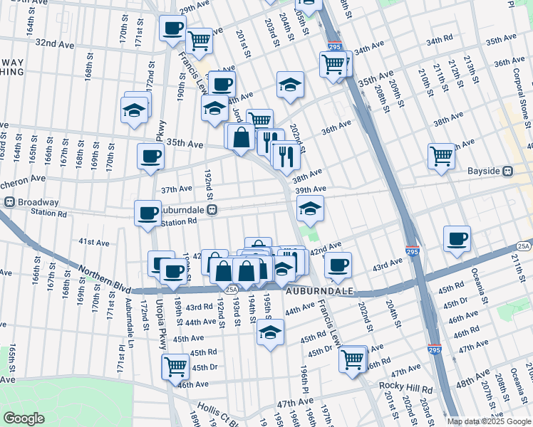 map of restaurants, bars, coffee shops, grocery stores, and more near 40-14 196th Street in Queens